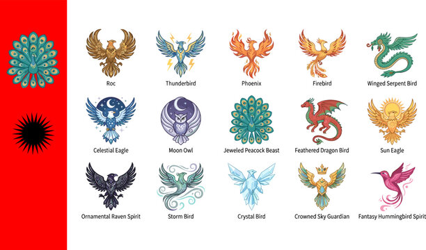 Collection of fifteen fantasy bird icons featuring roc thunderbird phoenix firebird owl peacock dragon sun raven storm crystal crowned hummingbird