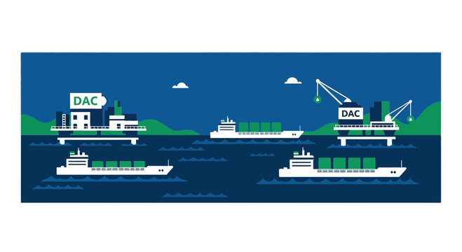 Direct Air Capture DAC Offshore Platforms and Green Shipping Logistics Illustration