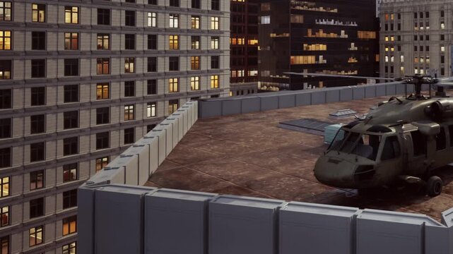 A military helicopter sits on a rooftop, surrounded by tall buildings illuminated by evening lights. The sky glows softly as night approaches, creating a dramatic urban backdrop.
