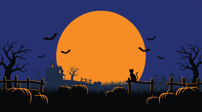 A spooky halloween night scene with a large orange moon silhouetted trees and a dark mysterious cemetery landscape vector illustration