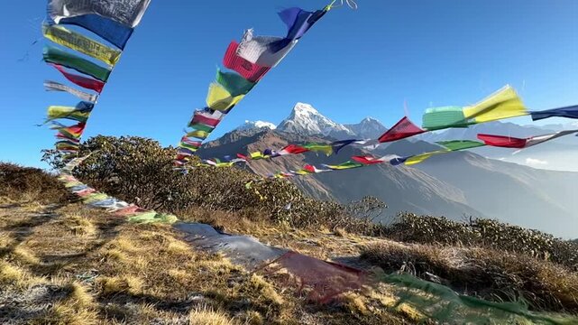 Scenic Himalayan landscape in Nepal featuring Machhapuchhre, also known as Fishtail Mountain, and the snow-covered Annapurna mountain range.
