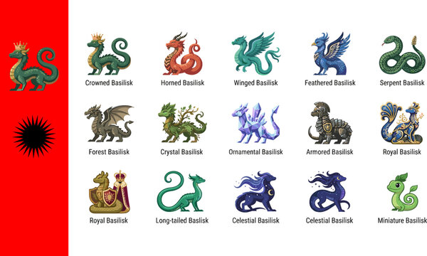 Collection of fifteen fantasy basilisk dragon icons featuring crowned horned winged feathered serpent forest crystal ornamental armored royal celestial miniature