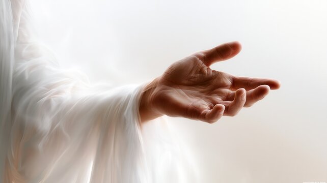 Human hand extends from flowing white robes offering assistance salvation and spiritual support light in bright ethereal