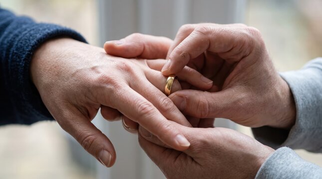 Close up of hands exchanging a wedding ring during a ceremony