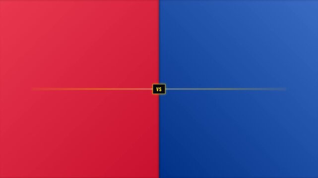 Broadcast-style split screen intro with two colored panels sliding in from opposite sides, colliding with golden light burst, and glowing matchup line appearing.