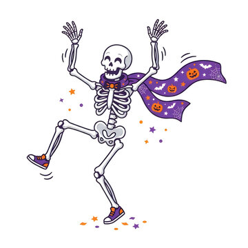 Happy dancing skeleton character with purple scarf. Cartoon bones illustration, Halloween celebration, spooky fun and festive party design elements. isolated on White Background halloween
