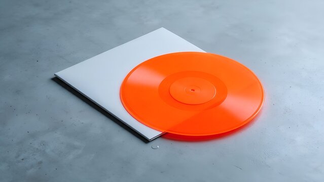 Bright neon orange vinyl record placed elegantly beside its blank white paper sleeve on a textured grey concrete surface captured from a high angle perspective