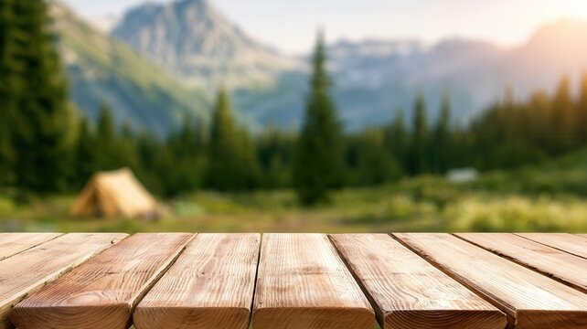 Rustic wooden table in foreground offering an empty space for products with a blurred mountain landscape sunrise and camping background tents