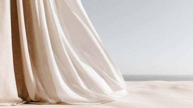 Beige linen curtain flowing in gentle wind casting soft shadows on wall a minimalist interior