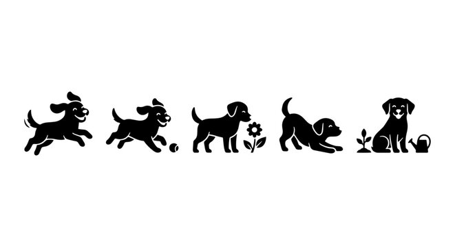 Playful Dog Silhouettes, Puppy Actions, Pet Life Vector Icons, Canine Graphics