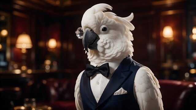 Elegant white cockatoo wearing a formal navy blue tuxedo suit and classic black bowtie with a sophisticated monocle while posing inside a dark luxury lounge