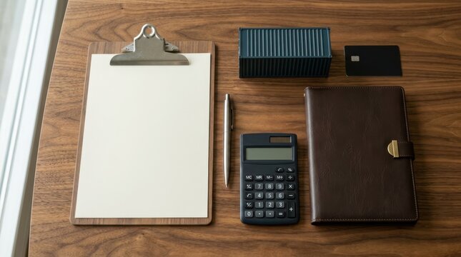 Clipboard, calculator, contract folder, model, and keycard on a conference table for business planning and deal review