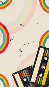 retro cassette tape with music notes on paper texture animation , retro party musical nightclub party vertical social media motion background
