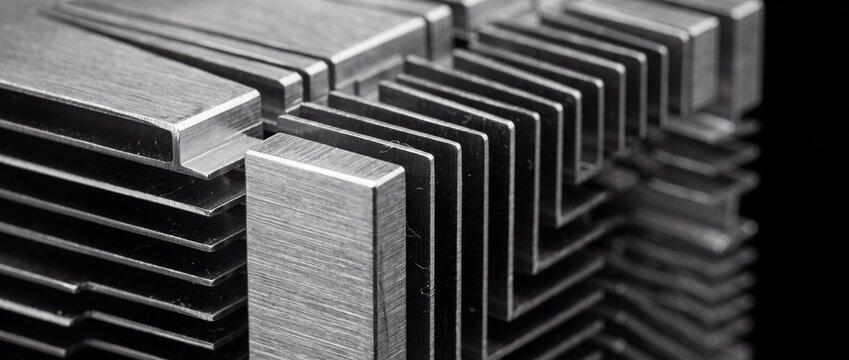 Industrial aluminum heatsink fins in metallic silver color for cooling and thermal management of electronic components.