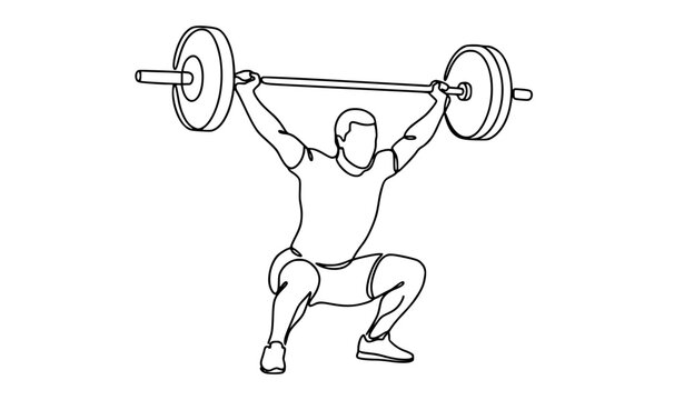 Dynamic one line weightlifter performing barbell snatch minimalist vector sketch