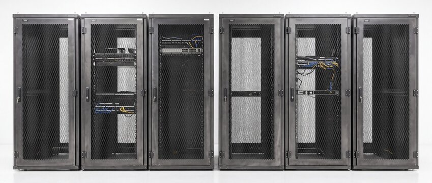 Professional server racks housing network hardware equipment in dark industrial data center facility for modern networking.