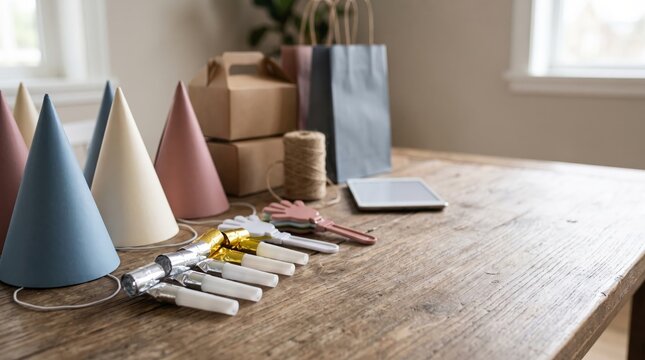 Party Supplies Laid Out on a Wooden Table Ready for Celebration