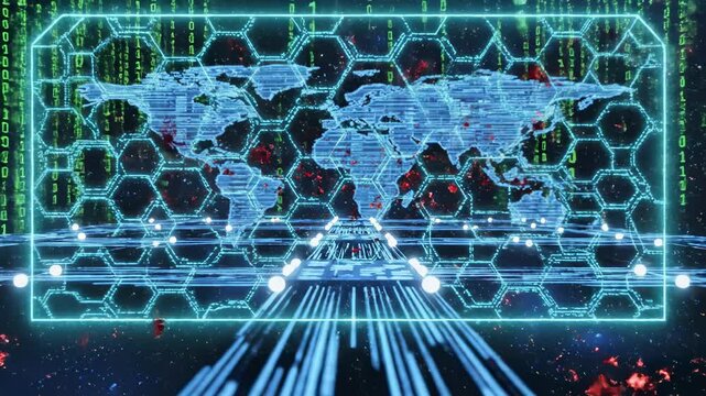 Cyberattack unfolds across global network with digital world map and data streams video hacking