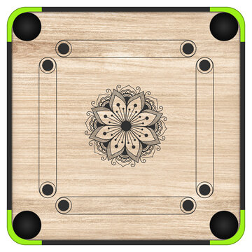 Detailed top-down view of a traditional carrom board with vivid neon lime-green corner accents and an intricate central black mandala floral rosette, isolated on a clean transparent background