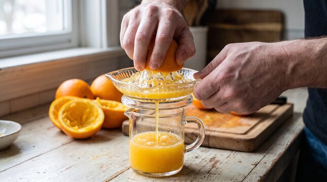 Person squeezing fresh orange juice with a glass citrus reamer in a bright home kitchen