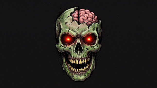 Terrifying green zombie skull illustration with exposed brain, cracked decaying skin, sharp teeth and glowing red eyes isolated on a dark black background.
