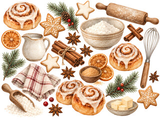 Watercolor Christmas Baking Clipart Set with Cinnamon Rolls and Holiday Spices © ADEEL