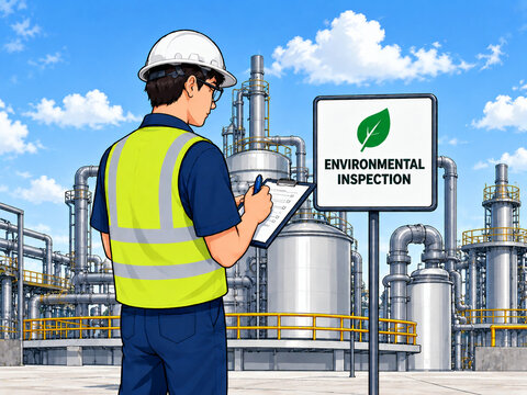 Environmental Inspection in Industrial Facility with Safety Inspector and Process Equipment