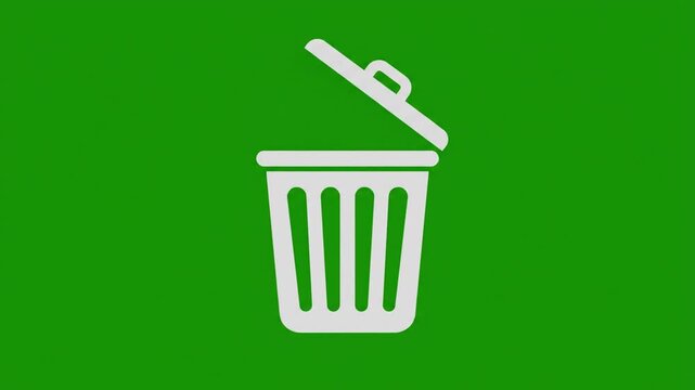 Trash can icon performing a digital animation of opening and closing its lid against a vibrant solid green screen background