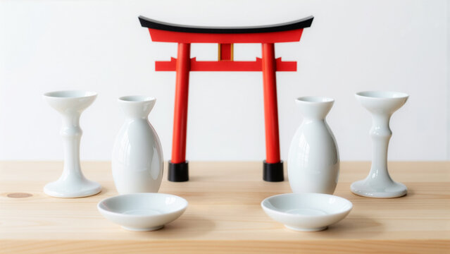 日本語: 神棚のお供え神具セットと鳥居 木目テーブルの上の神道・神饌用具｜Shinto altar shinki set with torii gate, ceramic vessels for daily offerings on wooden table