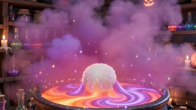 Happy Halloween Greeting with Animation a Charming Skeleton Conjuring Colorful Magic from a Bubbling Cauldron in a Spooky Enchanting Witchs Workshop Scene