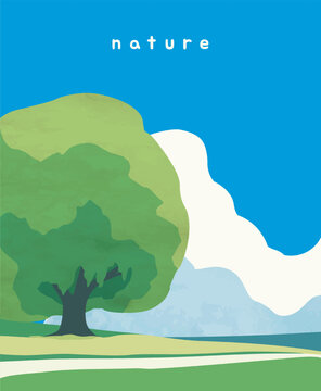 Minimal nature landscape poster with a large green tree, rolling hills, blue sky and abstract clouds, vector illustration
