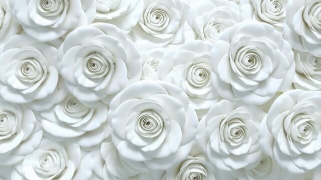 White floral background with slow camera movement across layered rose-like petals. Wedding invitation, romantic event graphics, and floral branding.