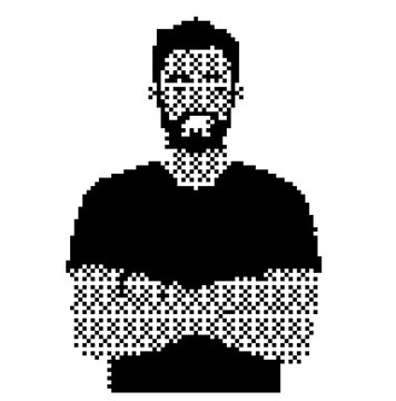 Black and white silhouette of a man's portrait, rendered in a pixelated digital style with a beard and mustache. Transparent