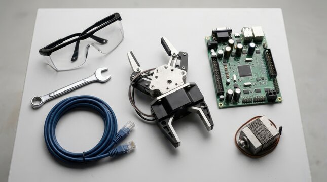 Robot gripper, circuit board, tools, safety glasses, ethernet cable, and servo motor arranged on a clean workbench