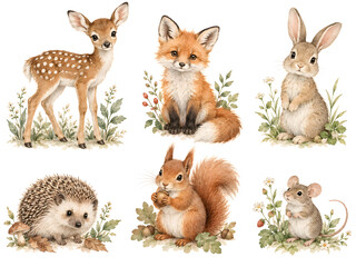 Fototapeta premium Watercolor woodland animals set with cute baby deer fox rabbit squirrel hedgehog mouse