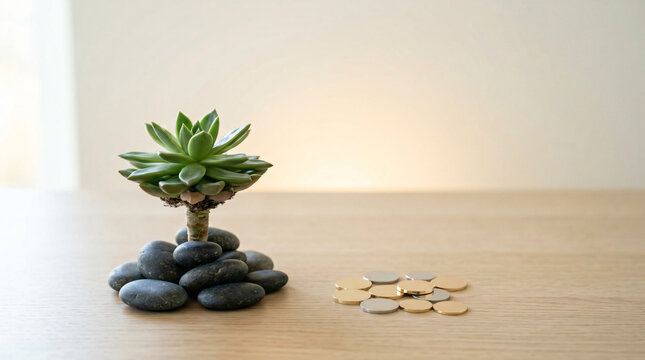 Passive income concept with Compact green plant supported by smooth stones beside a modest group of coins, modern wealth management background, on a refined minimal surface