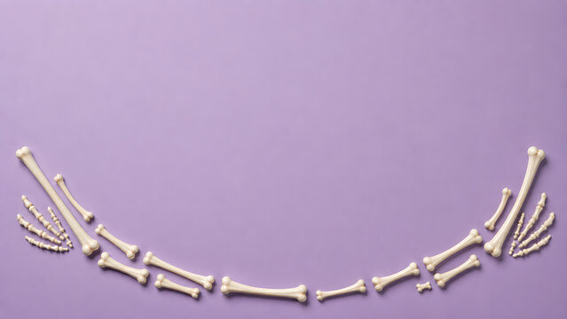 Halloween skeleton bones border on purple background. Spooky anatomical bone frame for party invitations. Creepy white bones flat lay.