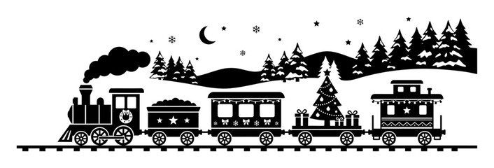 Fototapeta premium Holiday Train Silhouette Vector Illustration – Black Minimalist Holiday Train on White Background