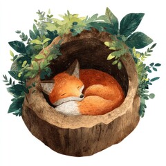 Obraz premium Sleeping fox curled in a hollow tree surrounded by leaves