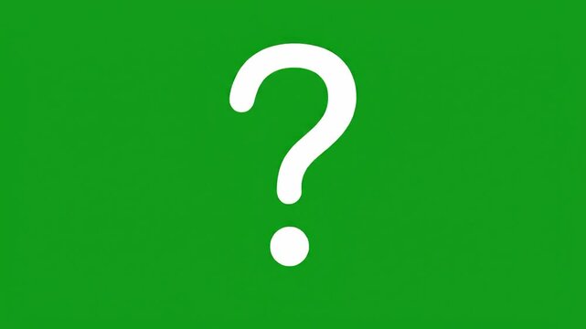 Question mark symbol glowing bright white against a vibrant solid green background representing mysterious digital animation motion video clip style