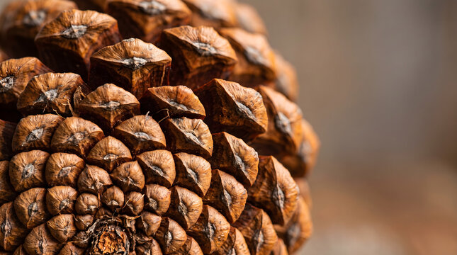 Close-up of pinecone scales texture, natural brown pattern background