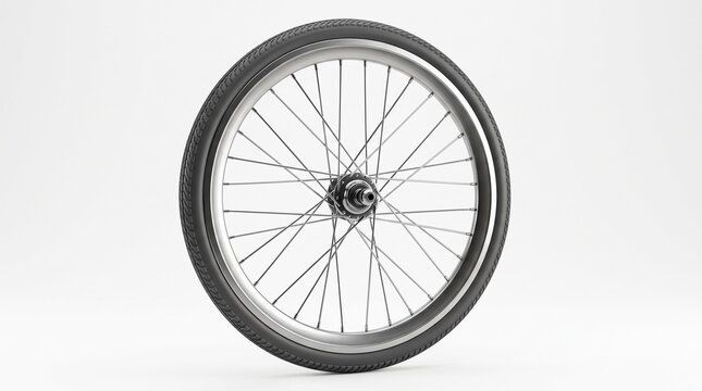 Bicycle Wheel Detail: A close-up, studio shot of a bicycle wheel with a focus on its intricate spokes and rubber tire, presented against a clean background.