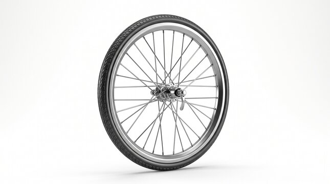 Bicycle Wheel Detail: A close-up view of a bicycle wheel with its intricate spokes and tire, presented in a clean, studio setting.