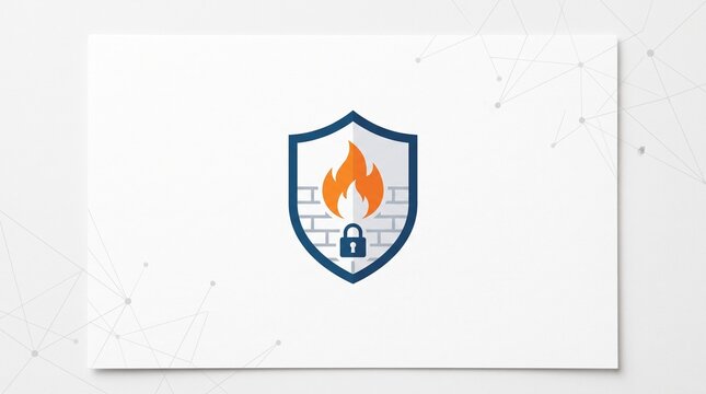 Cybersecurity Shield: A digital shield protects against cyber threats, depicted with a brick wall, flames, and a lock symbol, representing online safety and data security.