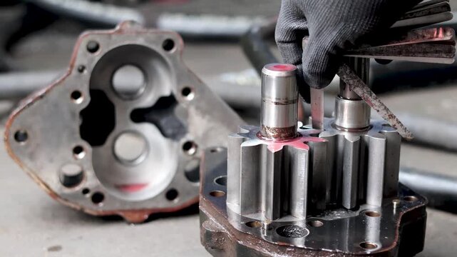 Static shot of Mechanic measuring hydraulic pump gear clearance with feeler gauge in mechanical workshop.