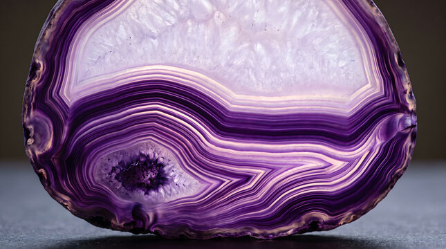Backlit slice of polished purple agate stone with natural banding pattern