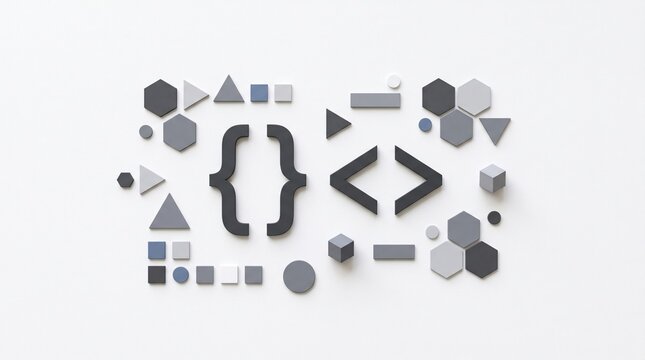 Coding Symbols Array: A collection of abstract geometric shapes and coding symbols, including curly braces and angle brackets, arranged in a structured pattern against a light background.