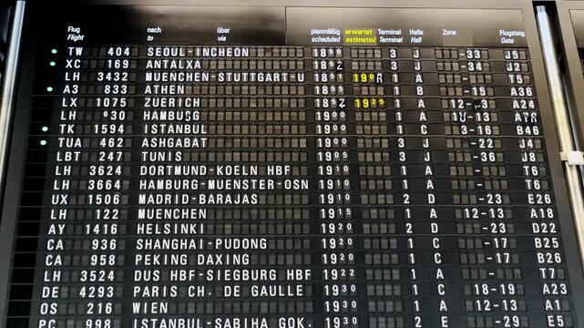 Analog split-flap flight board in motion at Frankfurt Airport, flipping mechanical tiles to update flight times and international destinations, air travel, airport operations.