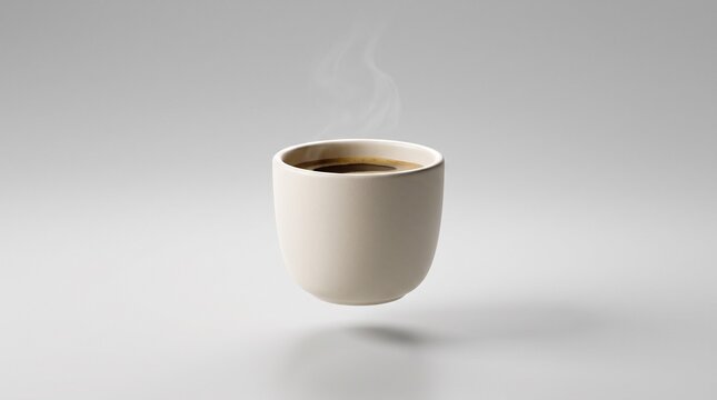 Steaming Ceramic Cup of Coffee: A minimalist composition featuring a ceramic cup filled with rich, dark coffee, emitting a delicate wisp of steam, set against a clean, soft gray background.