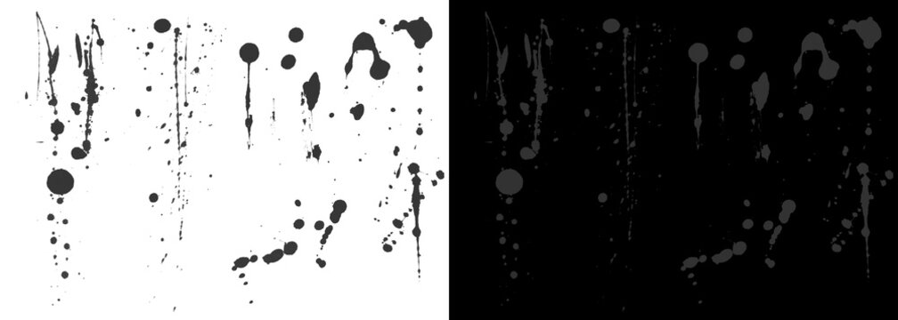 Grunge ink splatters and paint drips, black and white liquid spray textures, abstract artistic ink blotches for graphic design overlays